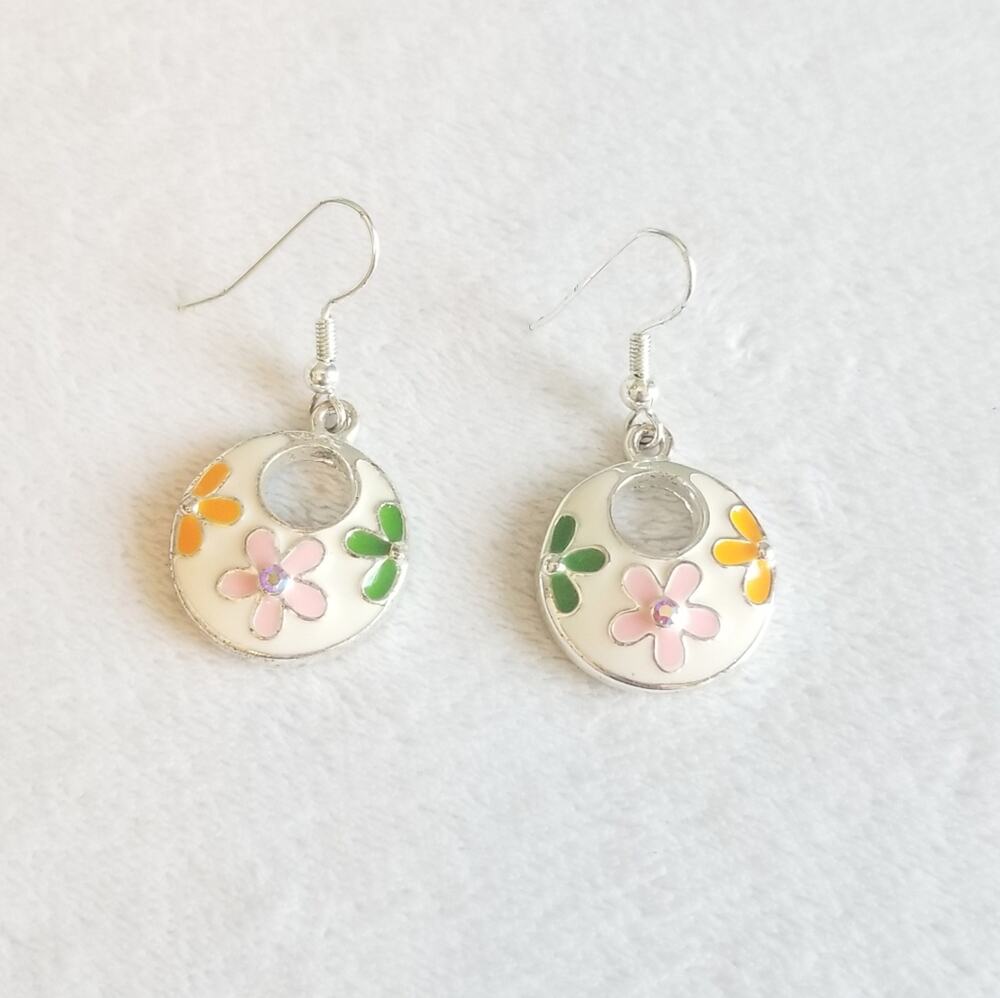 Vtg Y2K DaVinci Dangling Enamel Flower Earrings Rhinestone Pink Green Orange